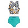 Tummy Control Swimsuit Sunflower Zig Zag Print Criss Cross High Waist Tankini Swimwear - GREEN 2XL
