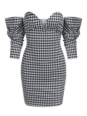 Off Shoulder Houndstooth Corset Style Bodycon Dress