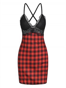 Plaid Lace Panel Sheer Cami Sexy Dress