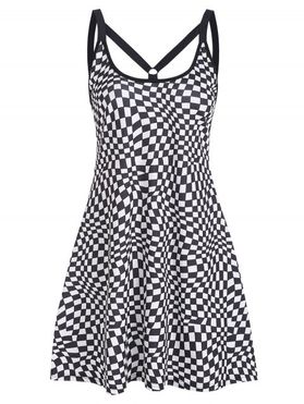 Casual Checkerboard Plaid Print O Ring Skater A Line Cami Dress