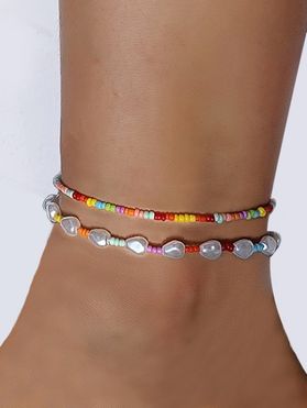2 Pcs Faux Pearl Rainbow Color Beads Anklet Set