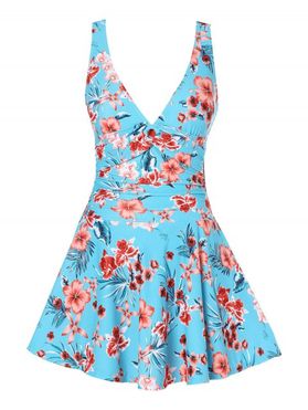 Vacation One-piece Swimsuit Flower Print Swimwear O Ring Ruched Skirted High Waisted Bathing Suit