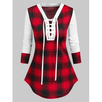 

Plaid Print Lace-up Long Sleeve T-shirt, White