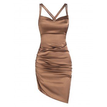 Satin Ruched Lace Up Asymmetric Dress, Coffee