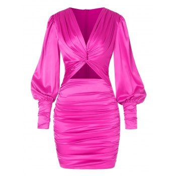 

Bright Neon Twisted Gigot Sleeve Underboob Cutout Ruched Bodycon Dress, Red