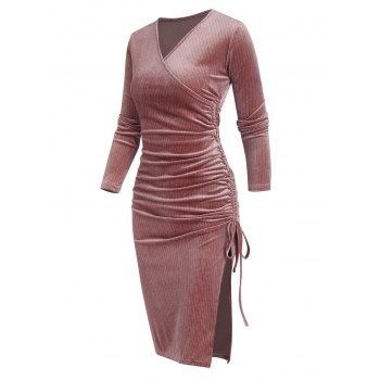 

Velour Striped Cinched Slit Surplice Dress, Light pink