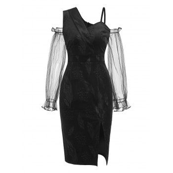 

Embossed Velour Mesh Sleeve Slit Dress, Black