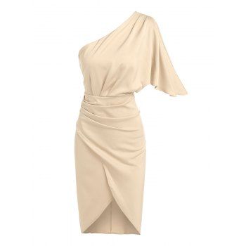 

One Shoulder Draped Overlap Dress, Light coffee