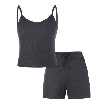 

Drawstring Knitted Pajama Cami Top and Shorts Set, Dark gray