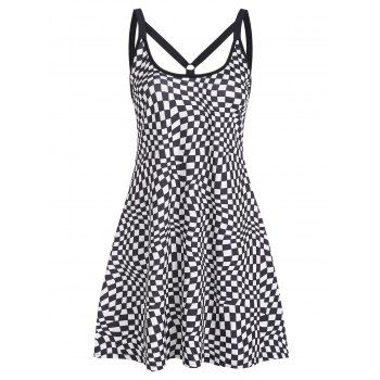 

Casual Checkerboard Plaid Print O Ring Skater A Line Cami Dress, Black