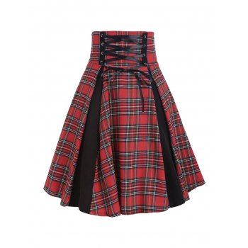 

Lace Up Plaid Godet Skirt, Red