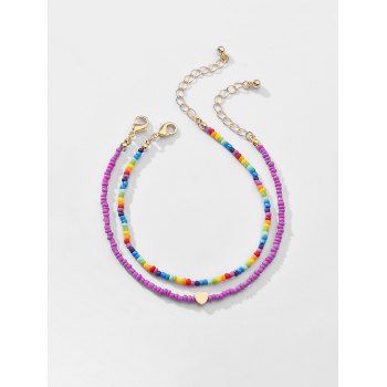 

2 Pcs Heart Colored Beading Anklet Set, Multicolor b