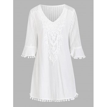 

Crochet Insert Pom Pom Ball Tunic Cover Up, White