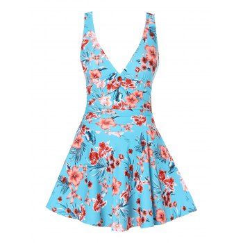 

Vacation One-piece Swimsuit Flower Print Swimwear O Ring Ruched Skirted High Waisted Bathing Suit, Light blue
