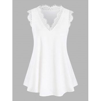 

Eyelash Lace V Neck Tank Top, White