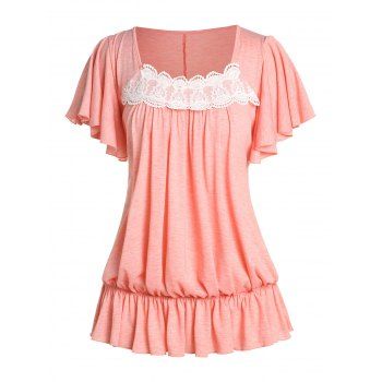 

Plus Size Flutter Sleeve Lace Insert Blouson T Shirt, Light pink