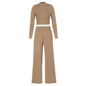 

Mock Neck High Waisted Wide Leg Yoga Pants Set, Light coffee