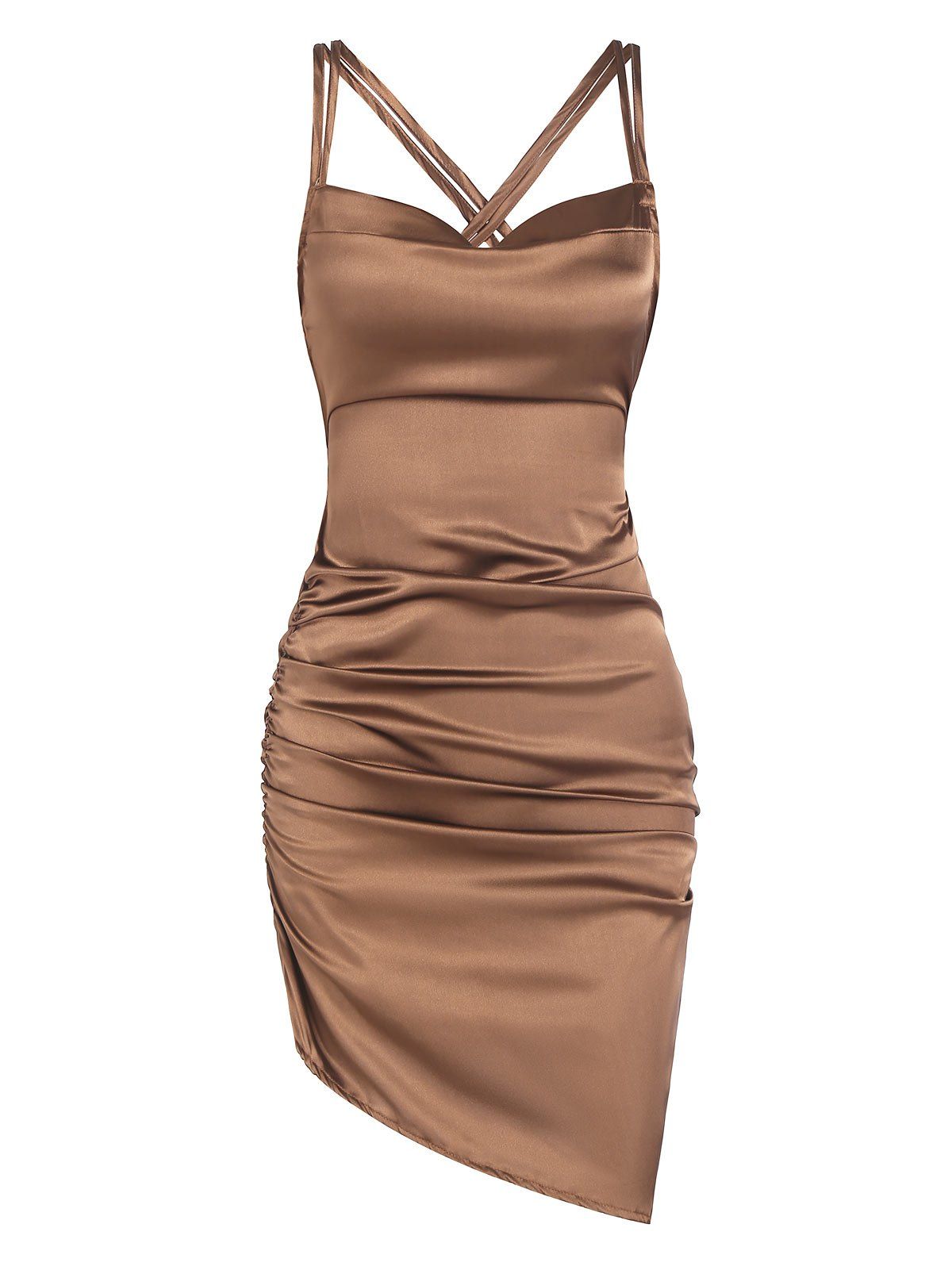 Satin Ruched Lace Up Asymmetric Dress - COFFEE M