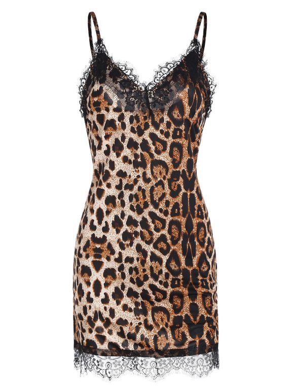 Leopard Eyelash Lace Slip Sleep Dress - DEEP COFFEE ONE SIZE
