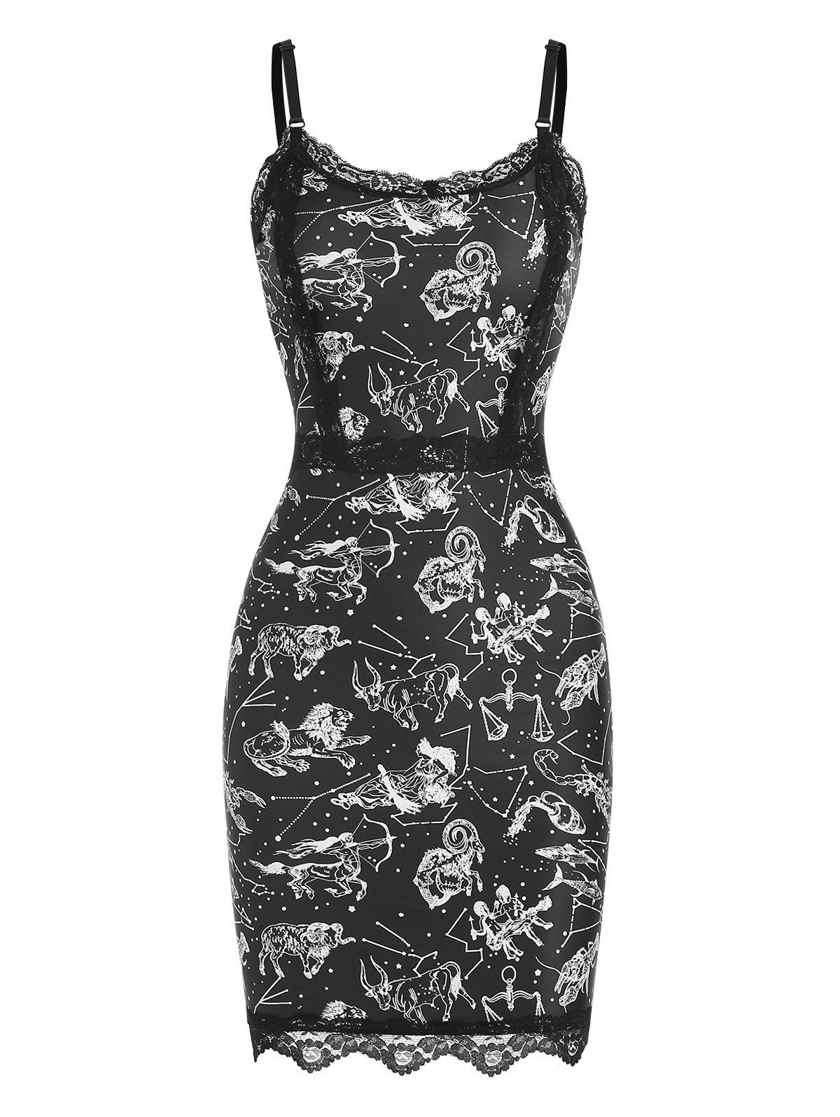 Constellation Animal Print Bodycon Dress Lace Panel Mini Dress Spaghetti Strap Slip Dress - BLACK M