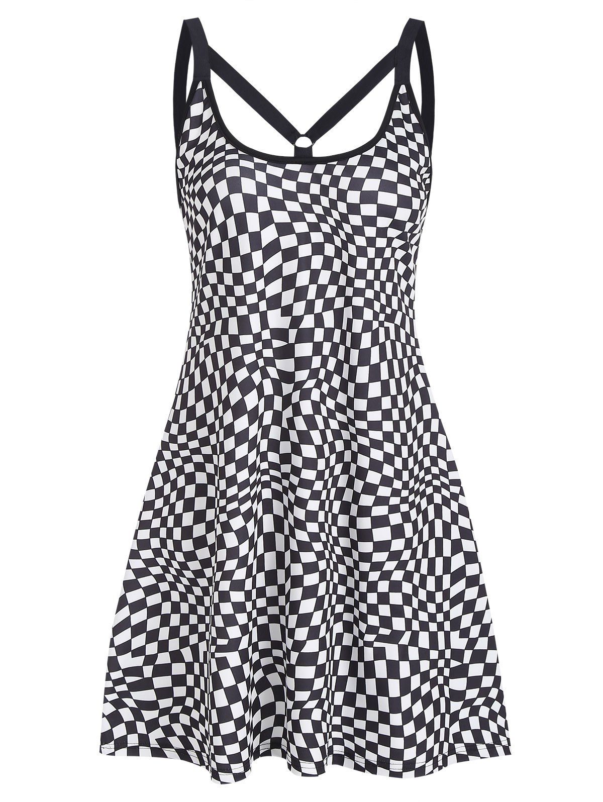 Casual Checkerboard Plaid Print O Ring Skater A Line Cami Dress - BLACK S
