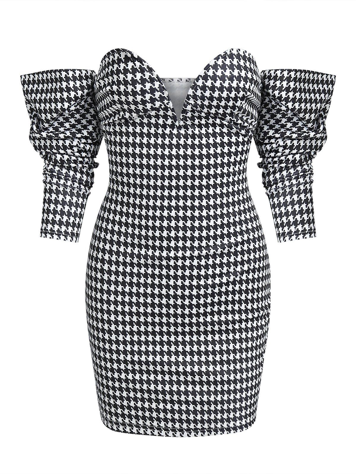 Off The Shoulder Houndstooth Print Bodycon Dress - BLACK S