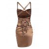 Satin Ruched Lace Up Asymmetric Dress - COFFEE M
