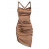 Satin Ruched Lace Up Asymmetric Dress - COFFEE L