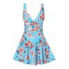 Flower Print O Ring Ruched Skirted One-piece Swimsuit - LIGHT BLUE L