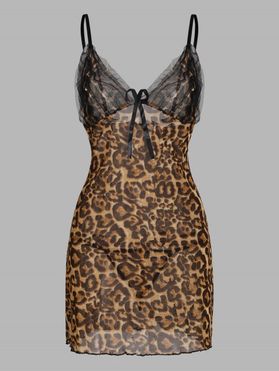 Leopard Ruffle Mesh Sheer Lingerie Babydoll with G-string