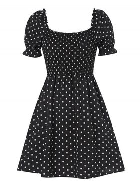 Vintage Dress Polka Dots Print Mini Dress Ruffled Puff Sleeve Square Neck Dress