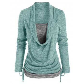 

Space Dye Print Long Sleeves Draped Cinched Faux Twinset T-shirt, Light green