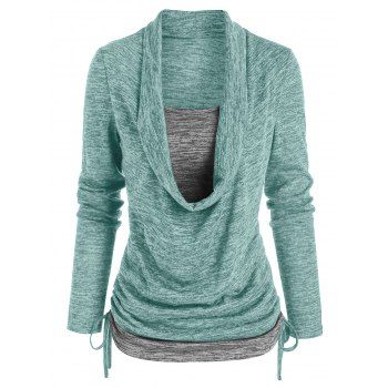 

Space Dye Print Long Sleeves Draped Cinched Faux Twinset T-shirt, Light green