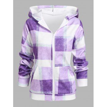 

Pockets Plaid Zip Up Hoodie, Purple