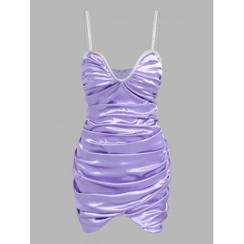 

Spaghetti Strap Rhinestone Ruched Overlap Dress, Light purple