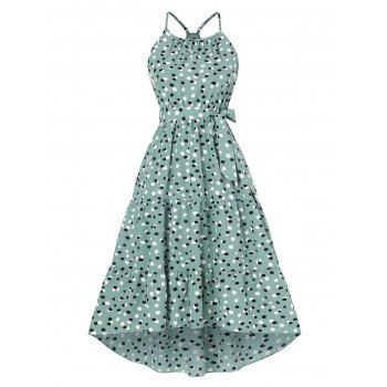 

Vacation Contrast Polka Dots Belted Tiered Midi Dress, Light green