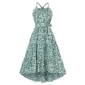 

Contrast Dots Belted Tiered Midi Dress, Light green