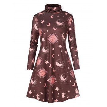 

Celestial Sun Moon Star Allover Print T Shirt Turtleneck Long Sleeve Casual Mini Dress, Coffee