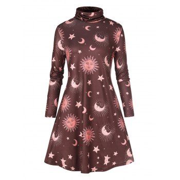 

Moon Sun Star Print Turtleneck Long Sleeve Dress, Coffee