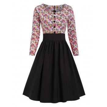 

Vintage Floral A Line Knee Length Dress, Black