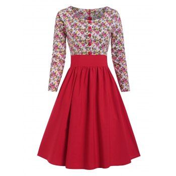 

Vintage Floral A Line Knee Length Dress, Red