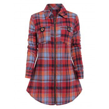 

Plaid Flannel Grommet Pocket Zip Tunic Shirt, Red