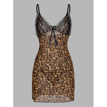 

Leopard Ruffle Mesh Sheer Lingerie Babydoll with G-string, Coffee