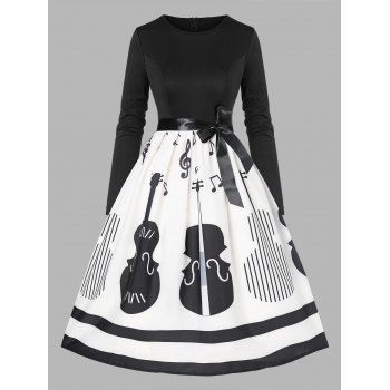 

Musical Note Violin Print Long Sleeve Vintage Dress, Black