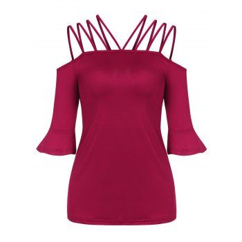 

Straps Cutout Cold Shoulder Flare Sleeve Tee, Red