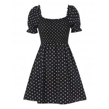 

Vintage Dress Polka Dots Print Mini Dress Ruffled Puff Sleeve Square Neck Dress, Black