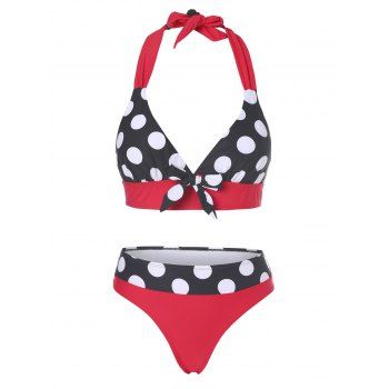 

Vacation Swimsuit Polka Dot Bowknot Halter High Leg Bikini Swimwear, Red