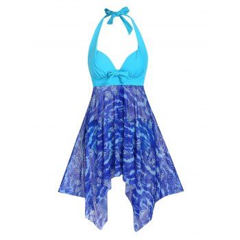 

Tie Dye Butterfly Print Mesh Bowknot Handkerchief Tankini Swimwear, Light blue