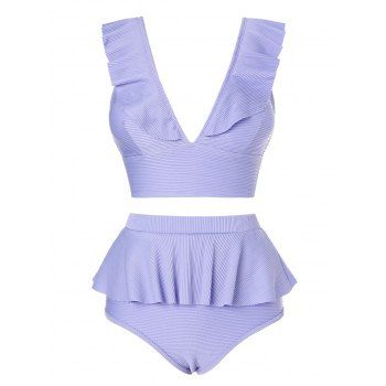 

Ribbed Flounce Back Zip Tankini Swimwear, Light purple