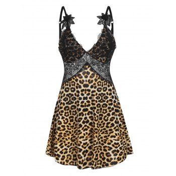 

Flower Applique Lace Insert Leopard Bowknot Lingerie Dress, Multicolor